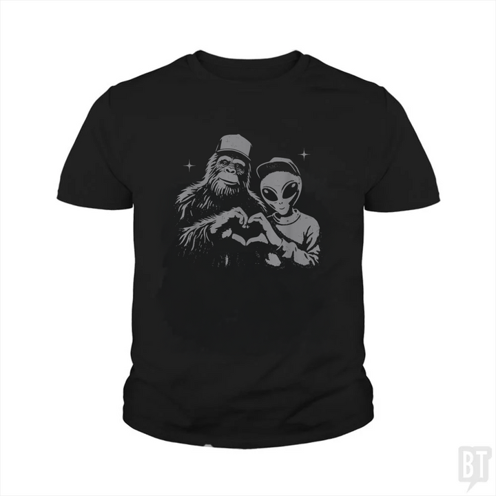 Bigfoot And Alien Kids Shirt