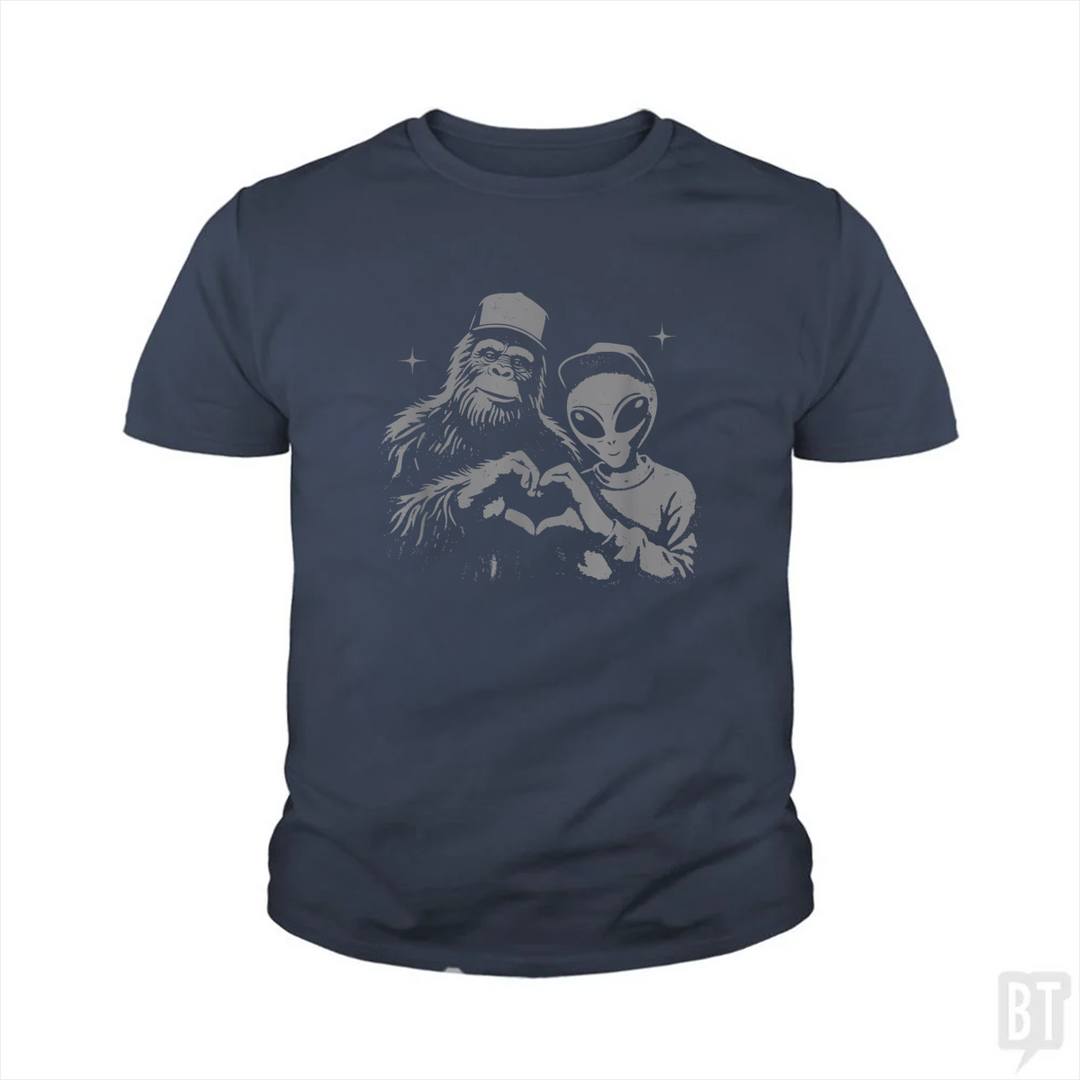 Bigfoot And Alien Kids Shirt