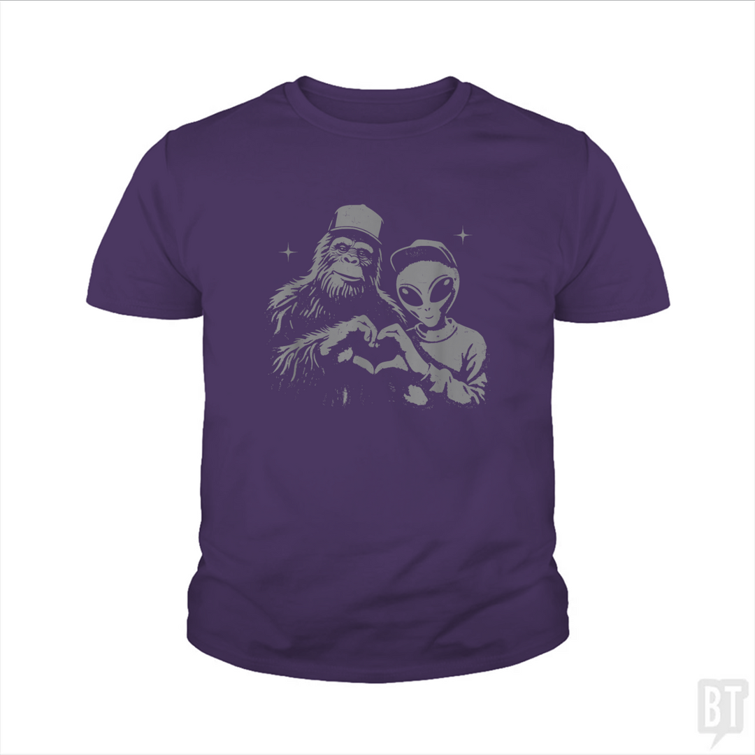 Bigfoot And Alien Kids Shirt