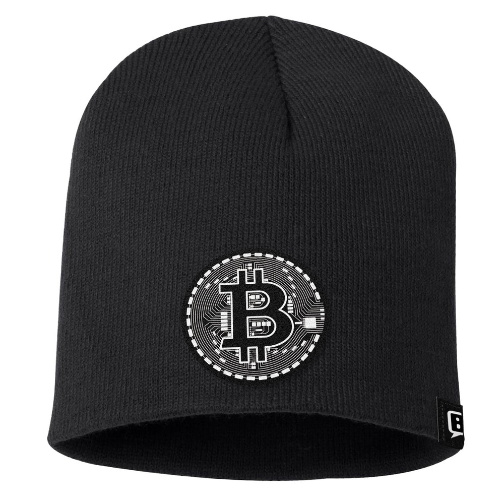 Bitcoin Black and White Leather Patch Beanies - BustedTees.com