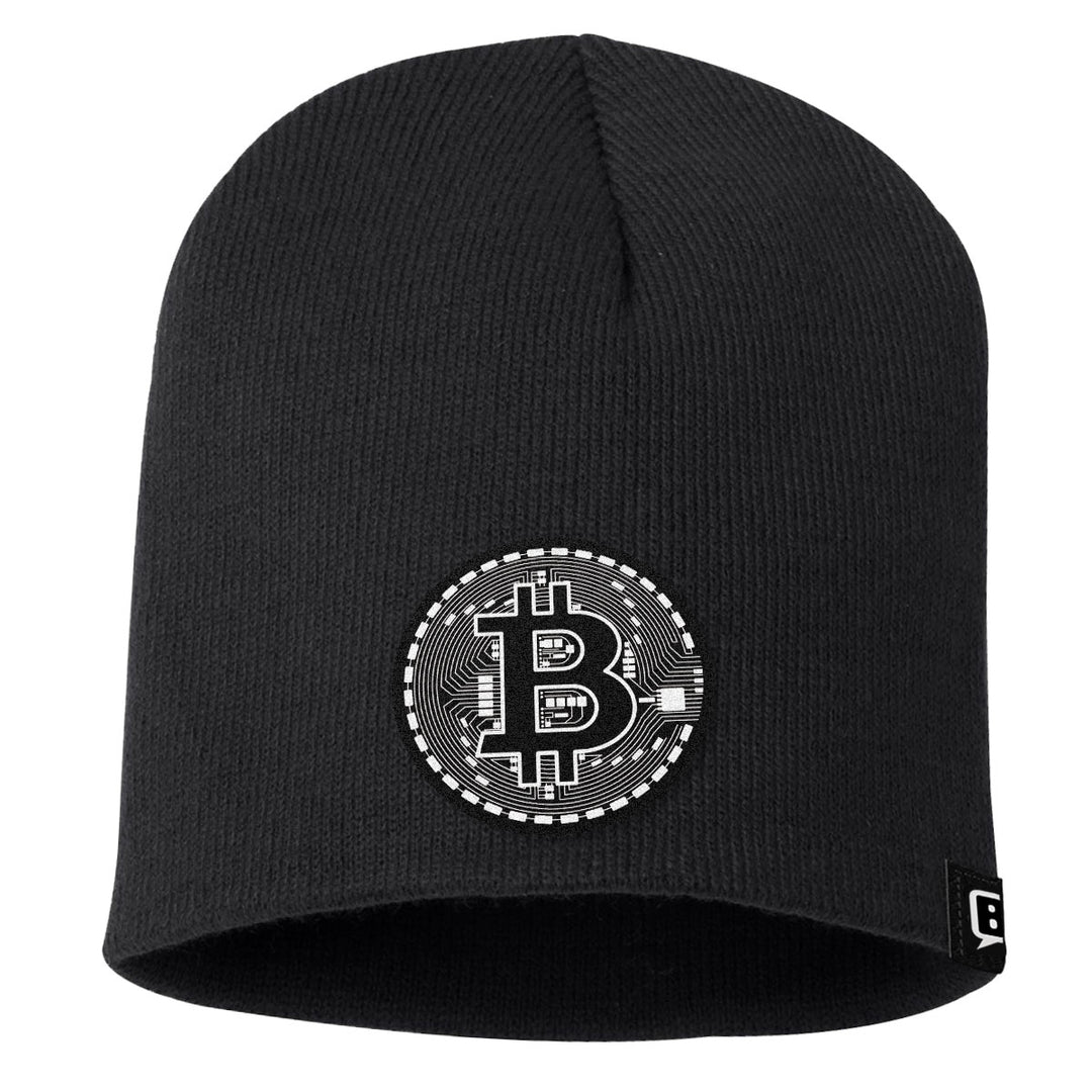 Bitcoin Black and White Leather Patch Beanies - BustedTees.com