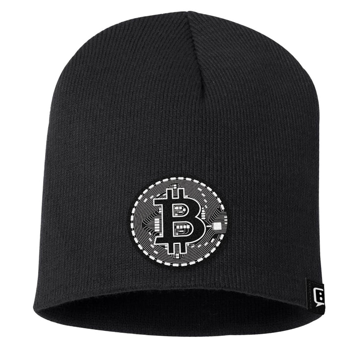 Bitcoin Black and White Leather Patch Beanies - BustedTees.com