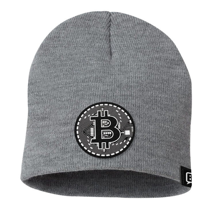 Bitcoin Black and White Leather Patch Beanies - BustedTees.com