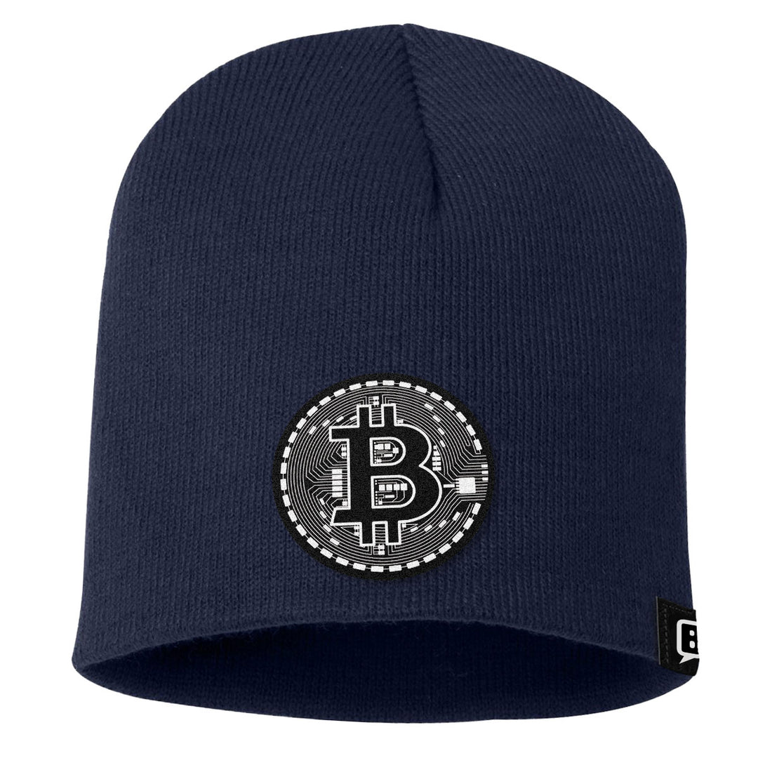 Bitcoin Black and White Leather Patch Beanies - BustedTees.com