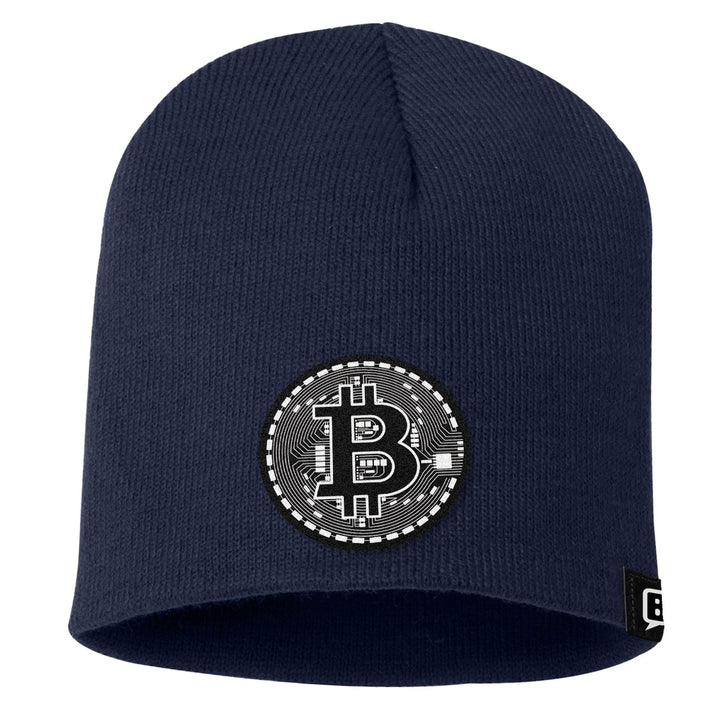 Bitcoin Black and White Leather Patch Beanies - BustedTees.com