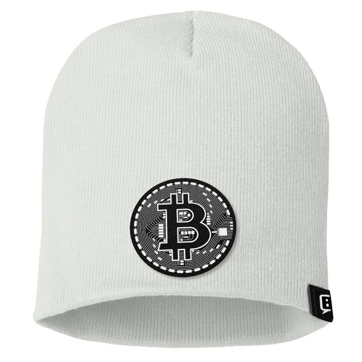 Bitcoin Black and White Leather Patch Beanies - BustedTees.com