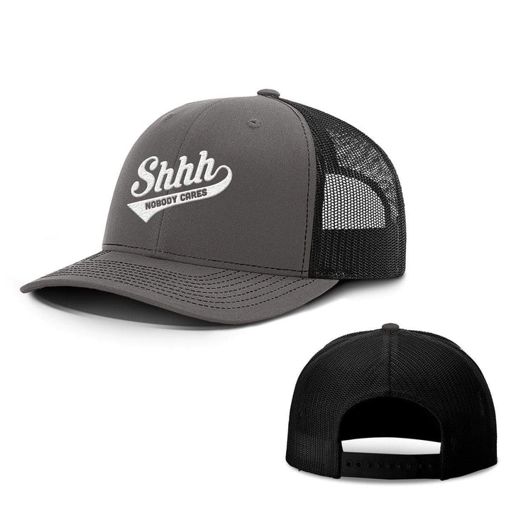 BustedTees.com Snapback / Charcoal and Black / One Size Shh Nobody Cares Hats