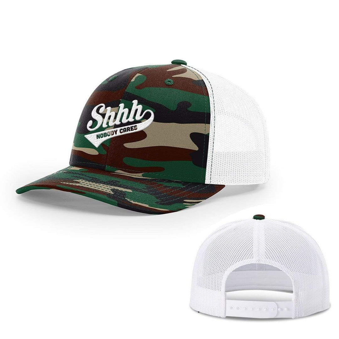 BustedTees.com Snapback / Green Camo and White / One Size Shh Nobody Cares Hats
