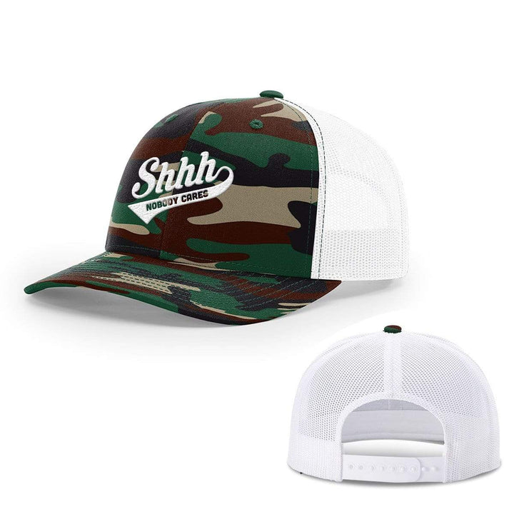 BustedTees.com Snapback / Green Camo and White / One Size Shh Nobody Cares Hats