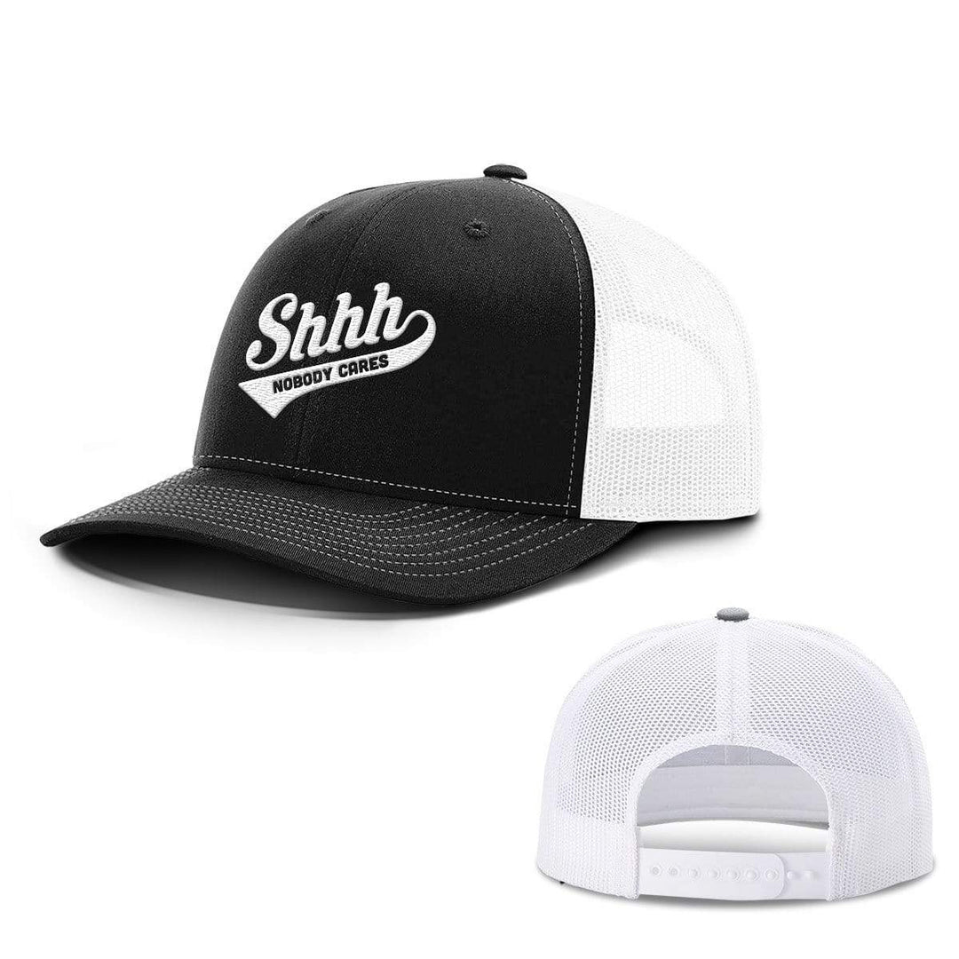 BustedTees.com Snapback / Black and White / One Size Shh Nobody Cares Hats