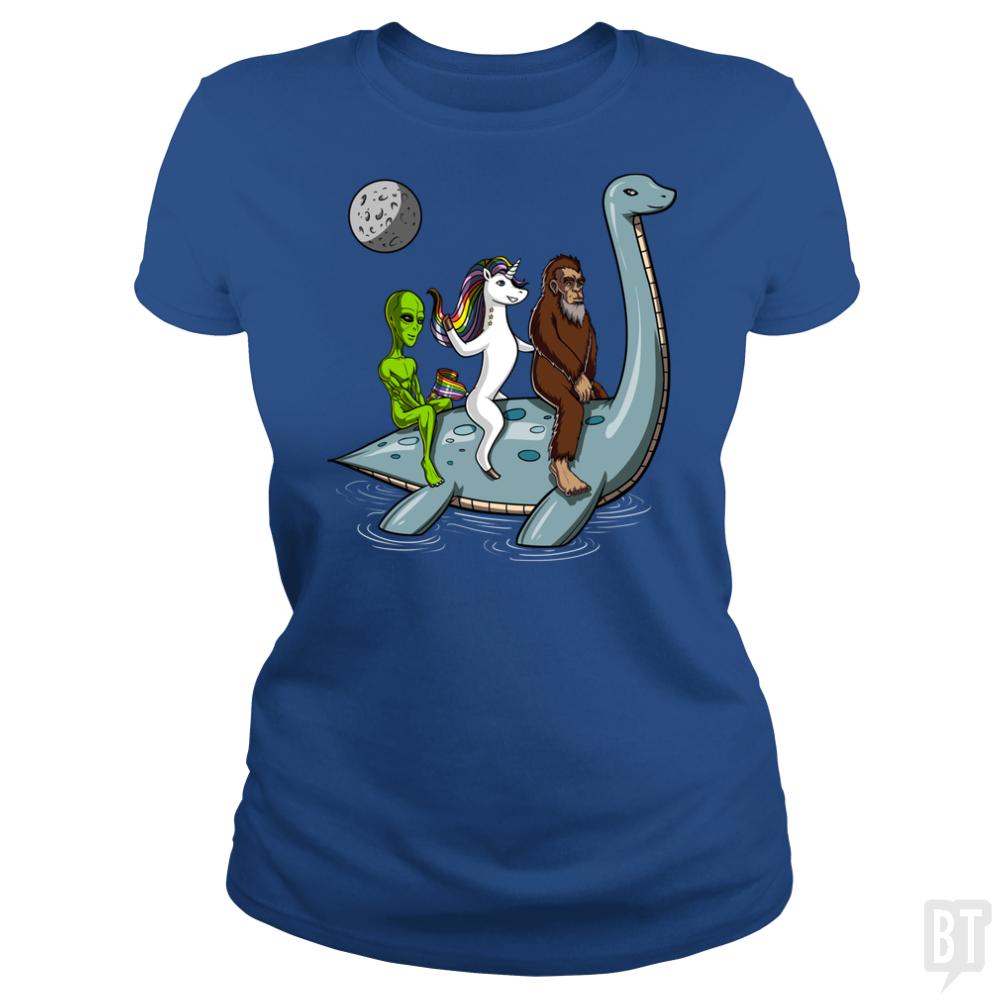 Alien Unicorn Bigfoot Ridding Loch Ness - BustedTees.com