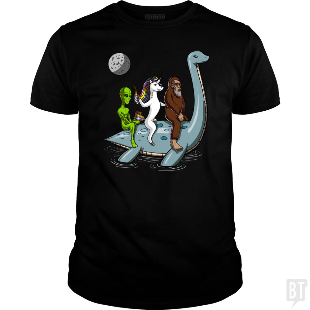 Alien Unicorn Bigfoot Ridding Loch Ness - BustedTees.com