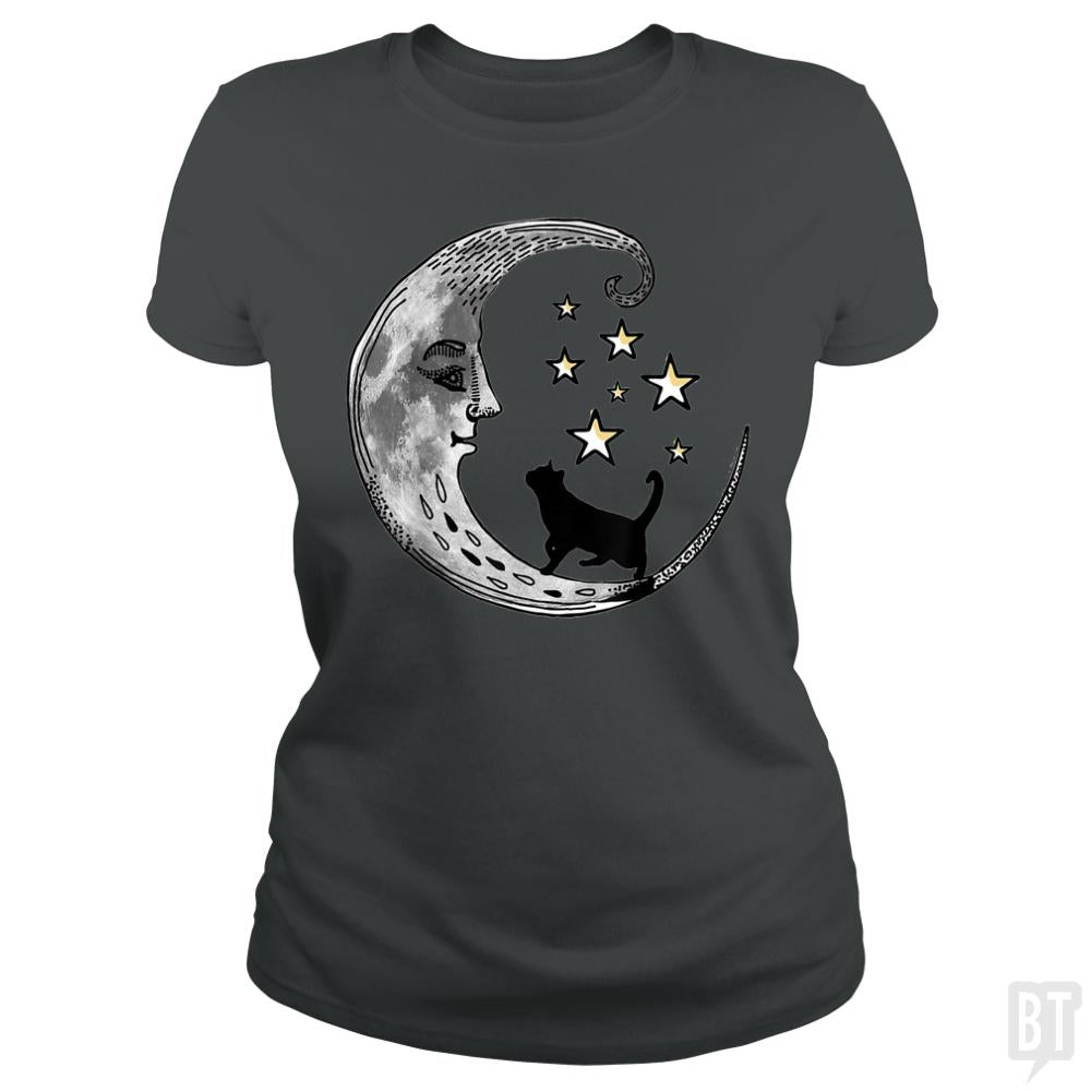 Moon and Stars with Black Cat - BustedTees.com