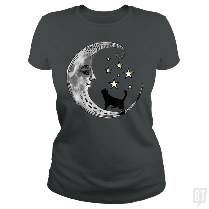 Moon and Stars with Black Cat - BustedTees.com
