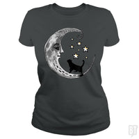 Load image into Gallery viewer, Moon and Stars with Black Cat - BustedTees.com
