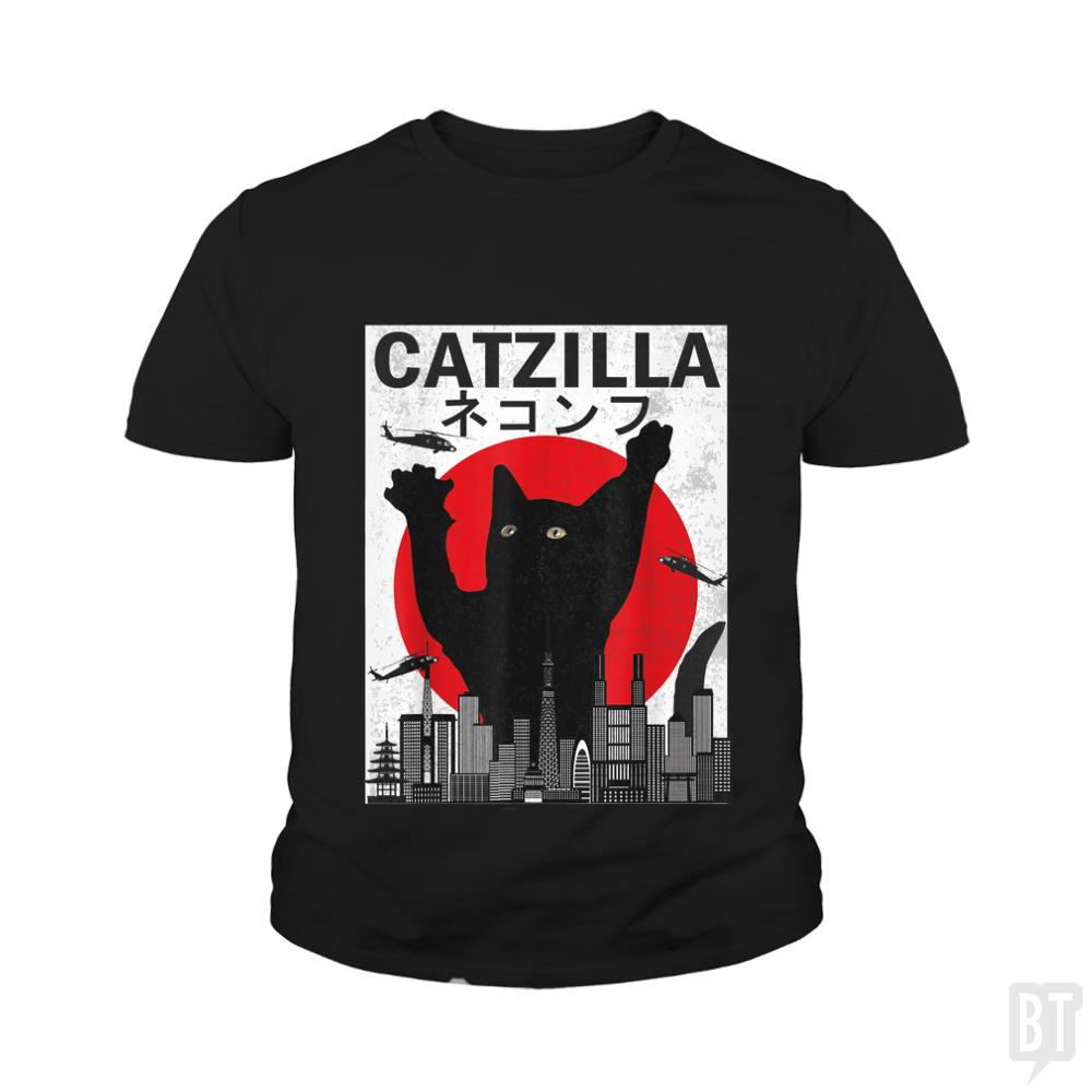 Vintage Catzilla Japanese Sunset Style  Kids Shirt - BustedTees.com