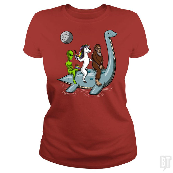 Alien Unicorn Bigfoot Ridding Loch Ness - BustedTees.com