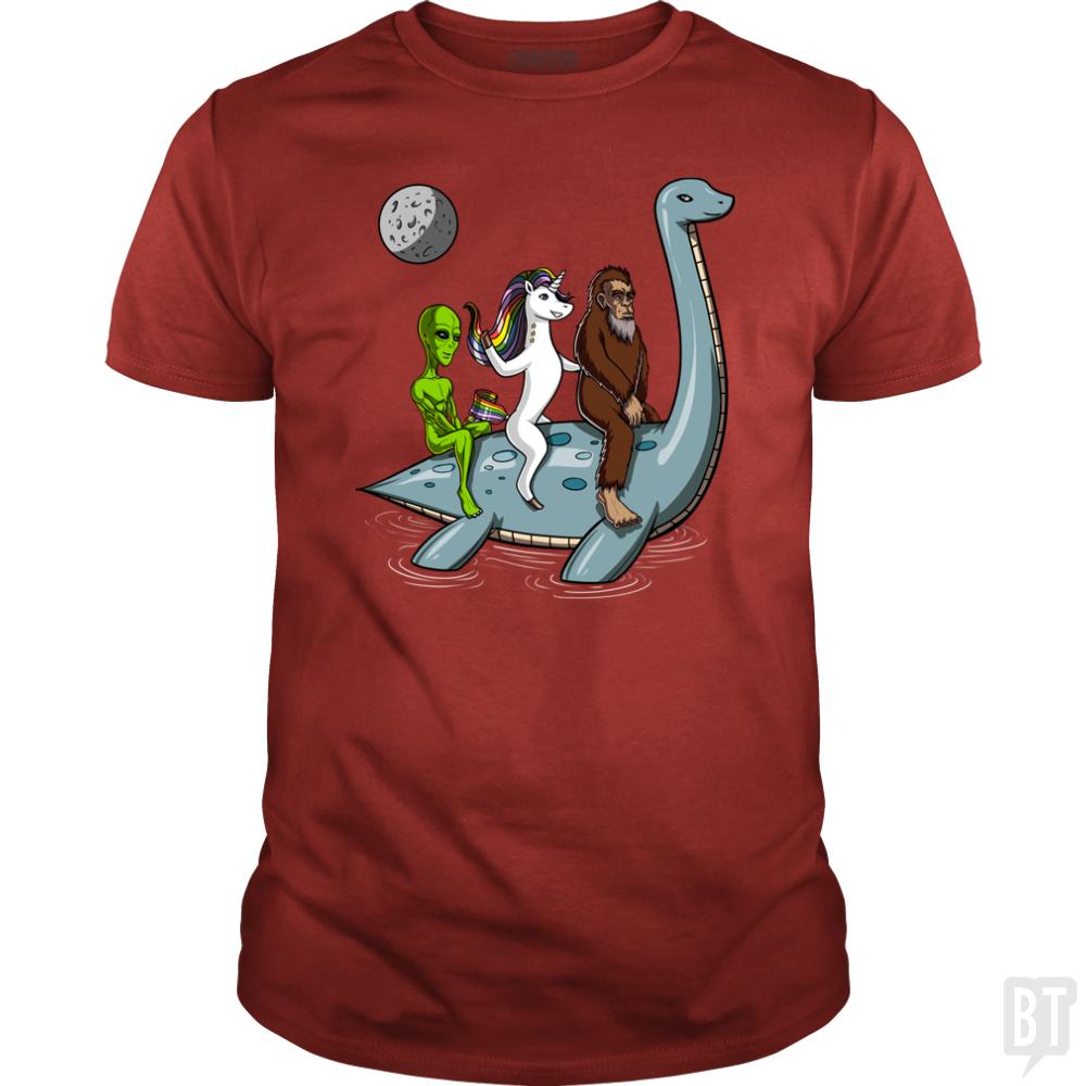 Alien Unicorn Bigfoot Ridding Loch Ness - BustedTees.com