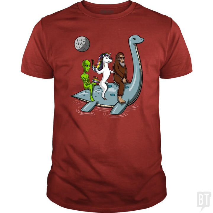 Alien Unicorn Bigfoot Ridding Loch Ness - BustedTees.com