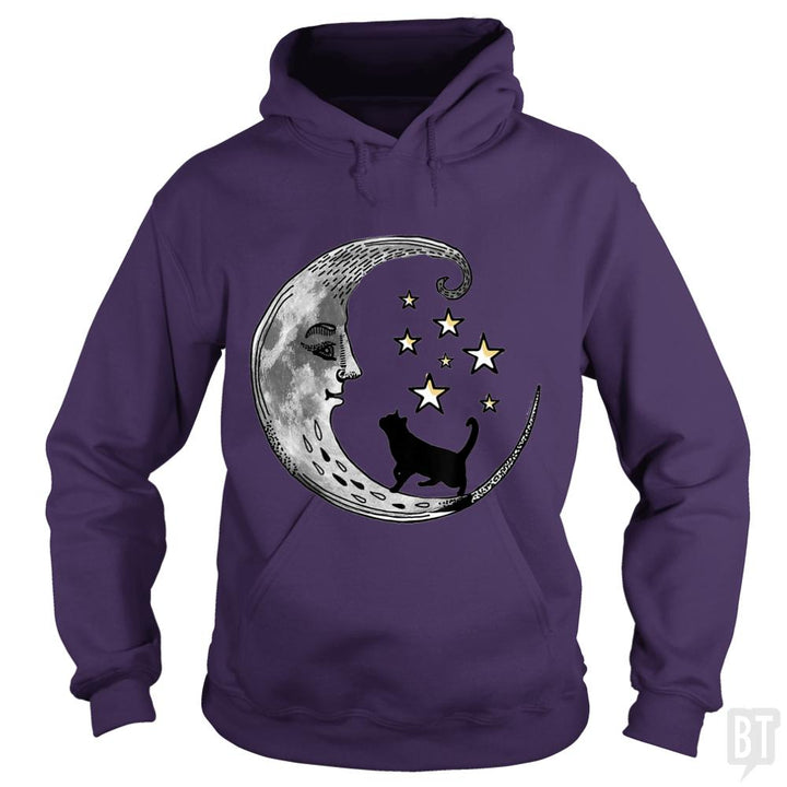 Moon and Stars with Black Cat - BustedTees.com
