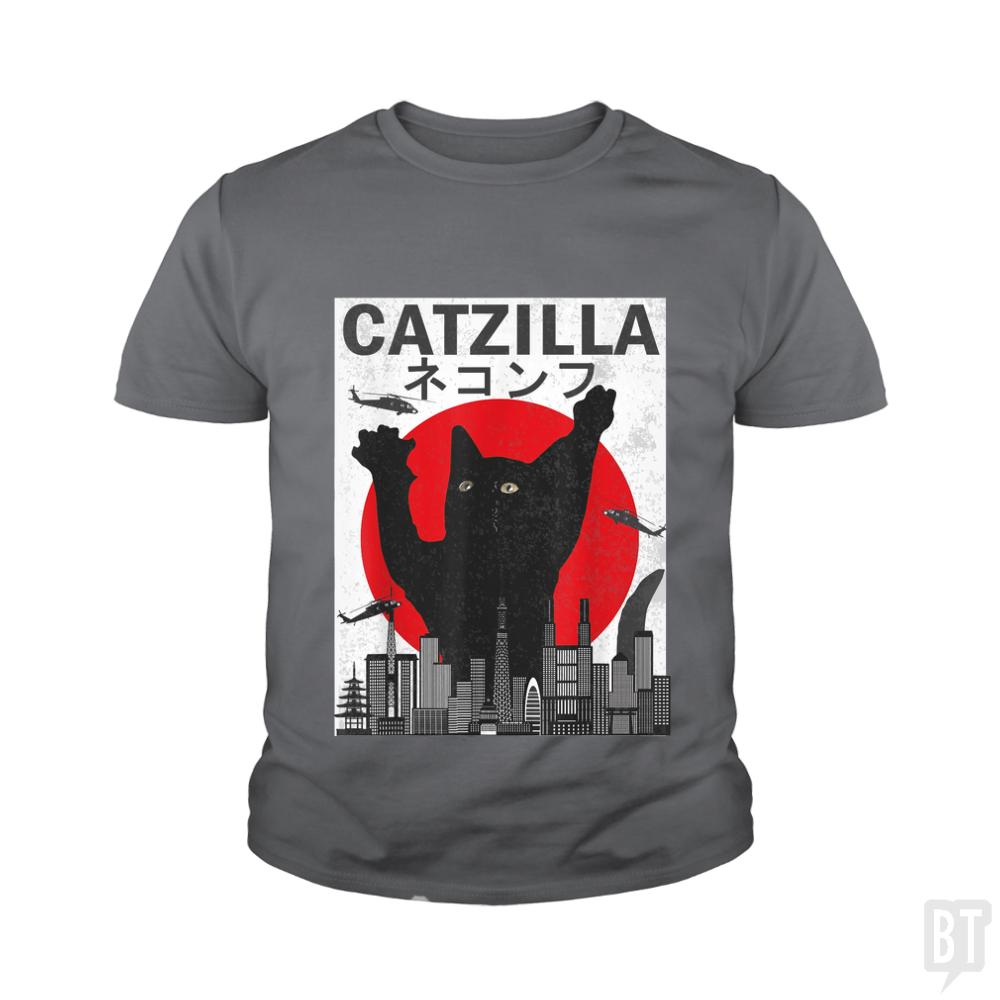 Vintage Catzilla Japanese Sunset Style  Kids Shirt - BustedTees.com
