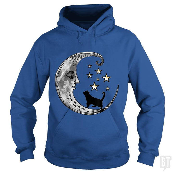 Moon and Stars with Black Cat - BustedTees.com