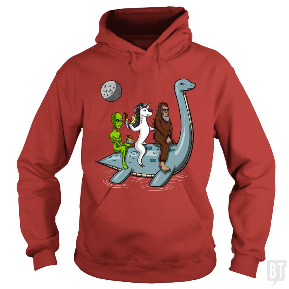 Alien Unicorn Bigfoot Ridding Loch Ness - BustedTees.com