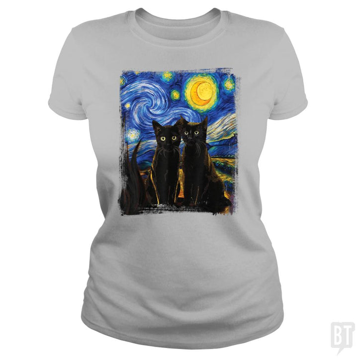 Black Cats Starry Night - BustedTees.com