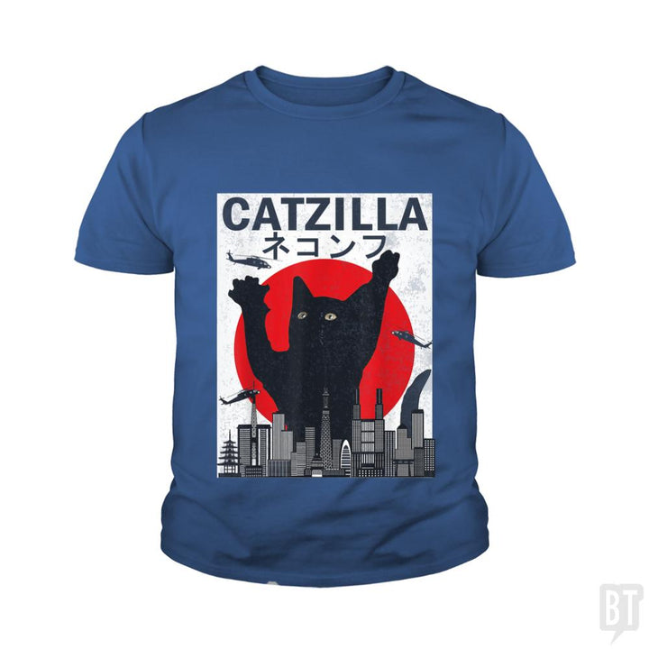 Vintage Catzilla Japanese Sunset Style  Kids Shirt - BustedTees.com