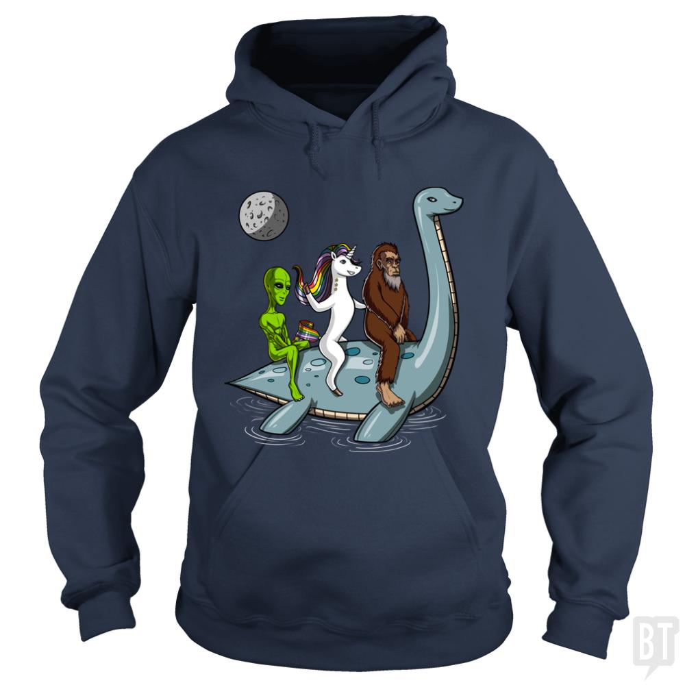 Alien Unicorn Bigfoot Ridding Loch Ness - BustedTees.com