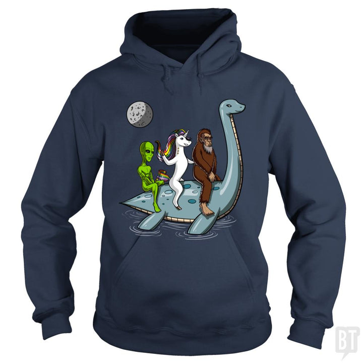 Alien Unicorn Bigfoot Ridding Loch Ness - BustedTees.com