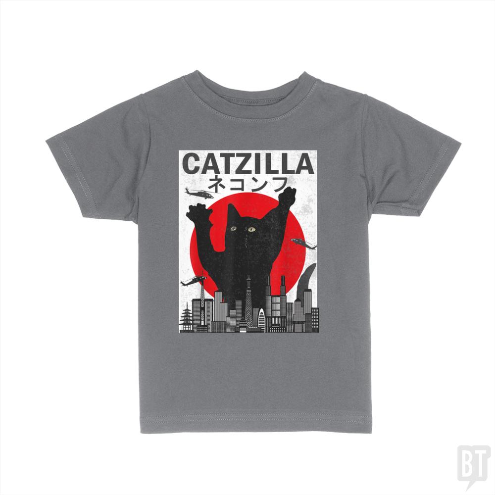 Vintage Catzilla Japanese Sunset Style  Kids Shirt - BustedTees.com