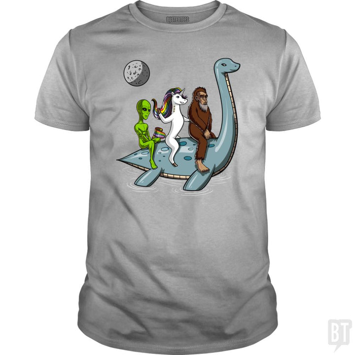 Alien Unicorn Bigfoot Ridding Loch Ness - BustedTees.com