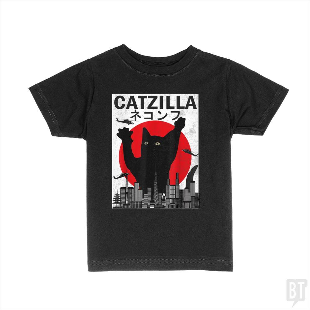 Vintage Catzilla Japanese Sunset Style  Kids Shirt - BustedTees.com