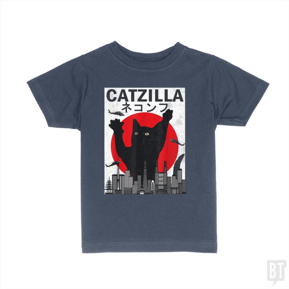 Vintage Catzilla Japanese Sunset Style  Kids Shirt - BustedTees.com