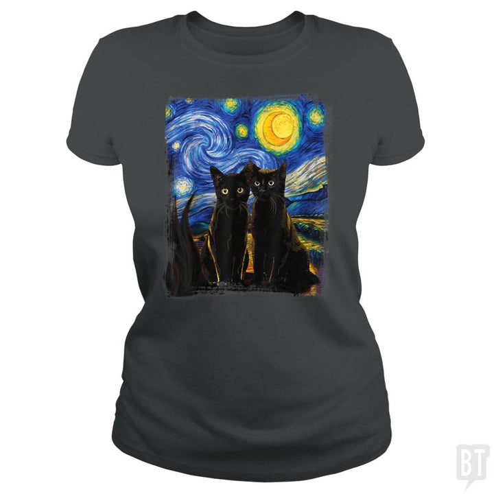 Black Cats Starry Night - BustedTees.com