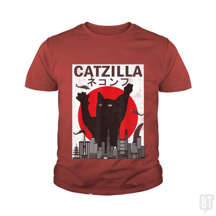 Vintage Catzilla Japanese Sunset Style  Kids Shirt - BustedTees.com