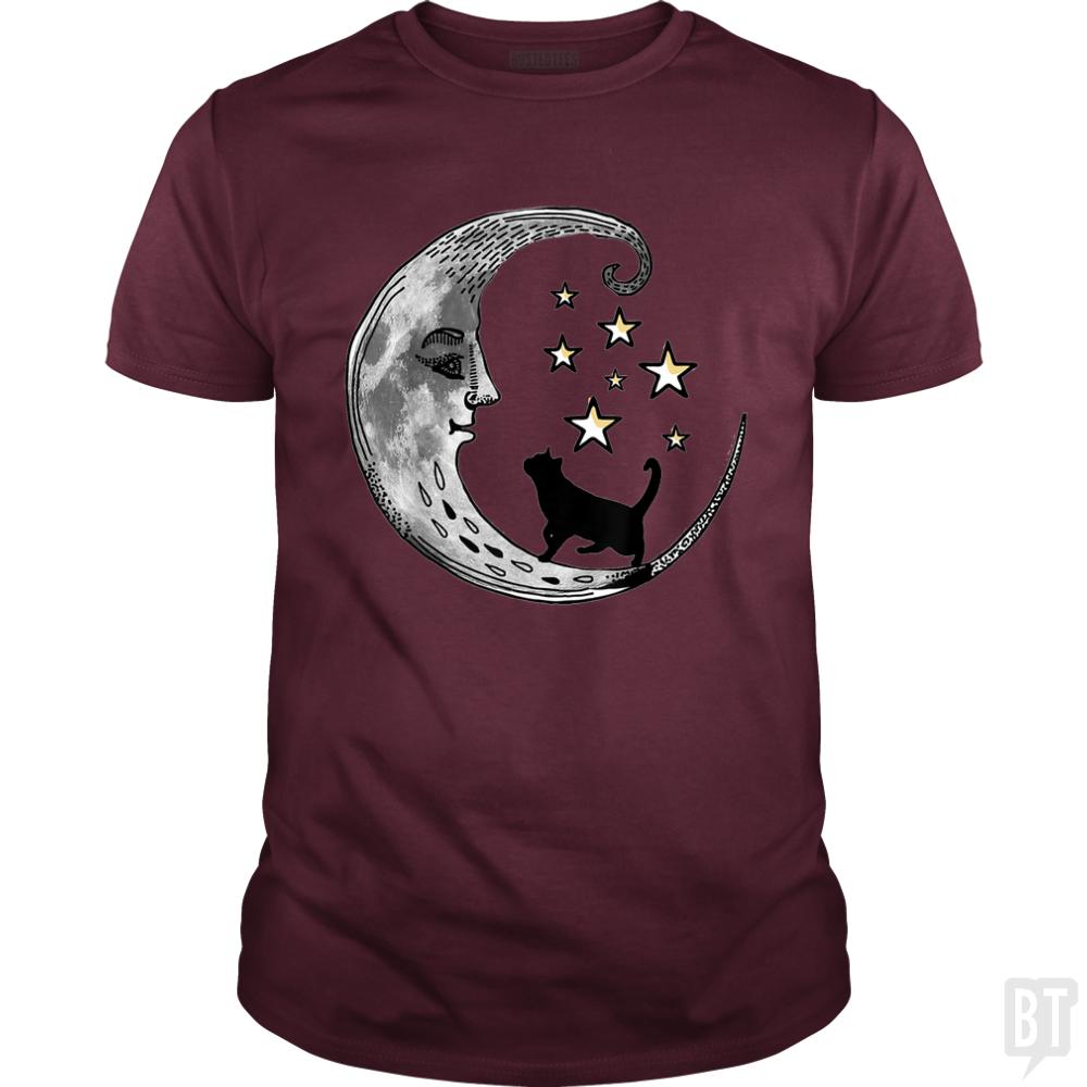 Moon and Stars with Black Cat - BustedTees.com