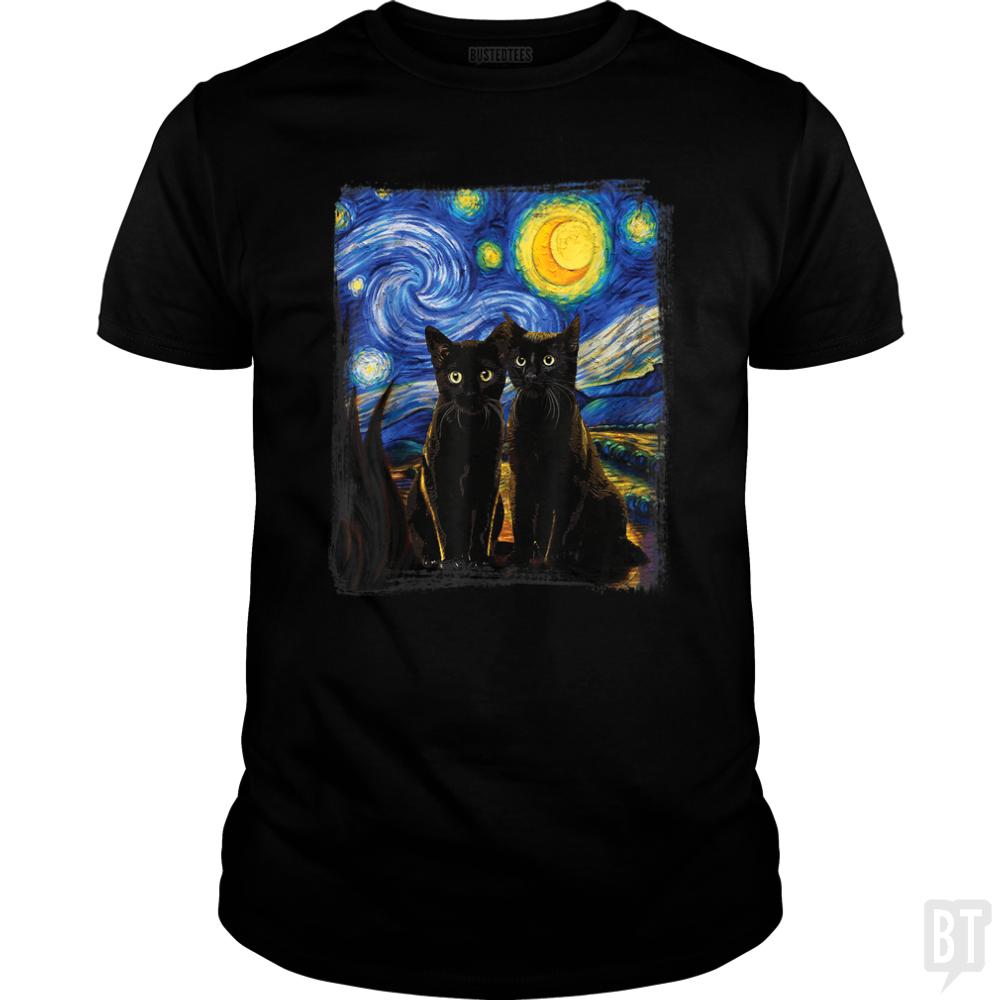 Black Cats Starry Night - BustedTees.com