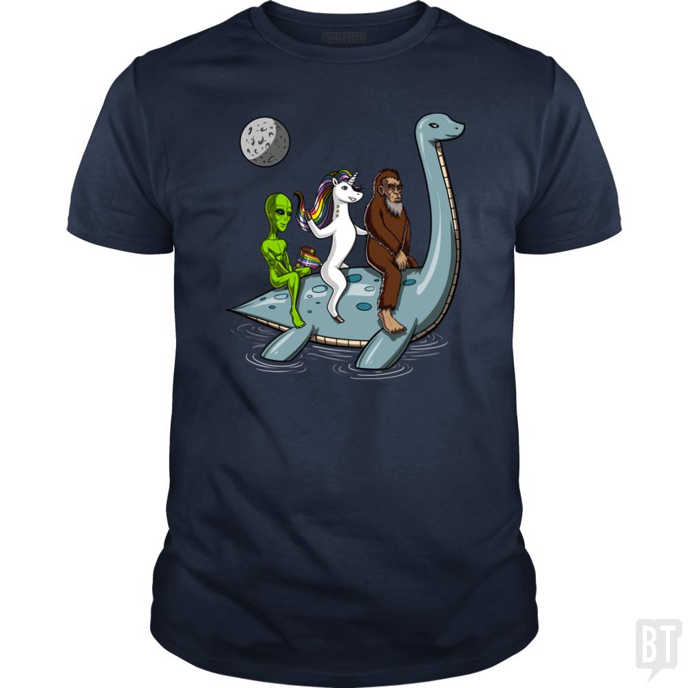 Alien Unicorn Bigfoot Ridding Loch Ness - BustedTees.com
