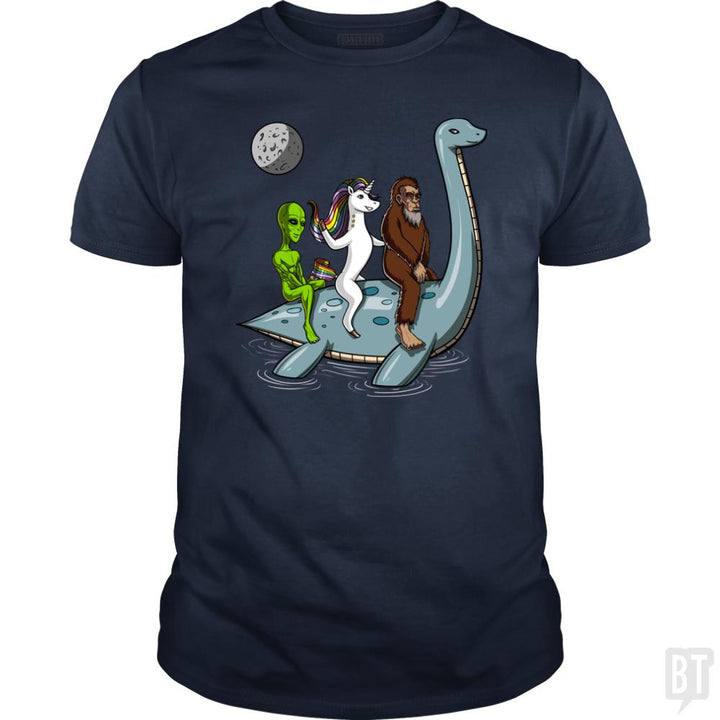 Alien Unicorn Bigfoot Ridding Loch Ness - BustedTees.com