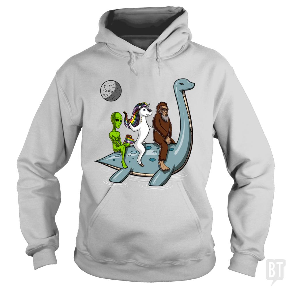 Alien Unicorn Bigfoot Ridding Loch Ness - BustedTees.com