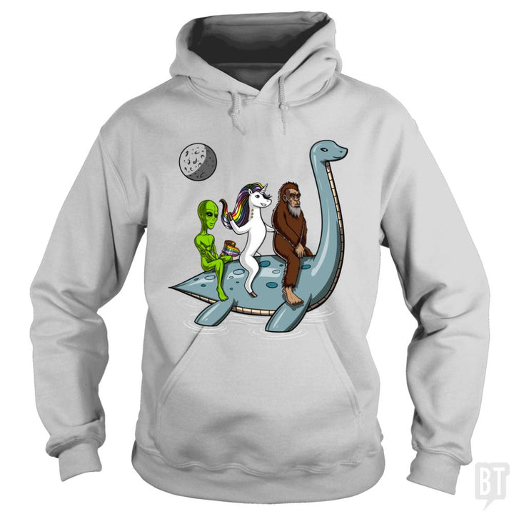 Alien Unicorn Bigfoot Ridding Loch Ness - BustedTees.com