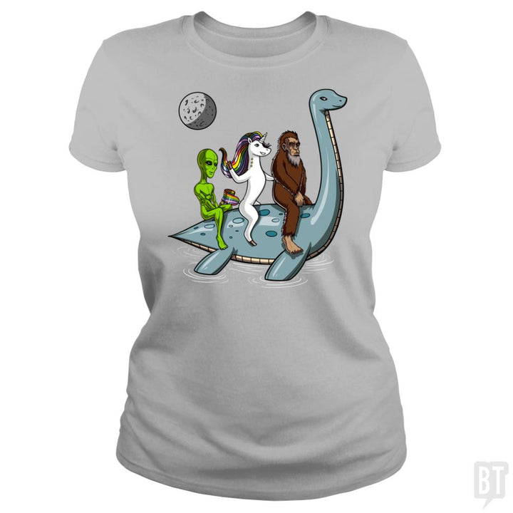 Alien Unicorn Bigfoot Ridding Loch Ness - BustedTees.com