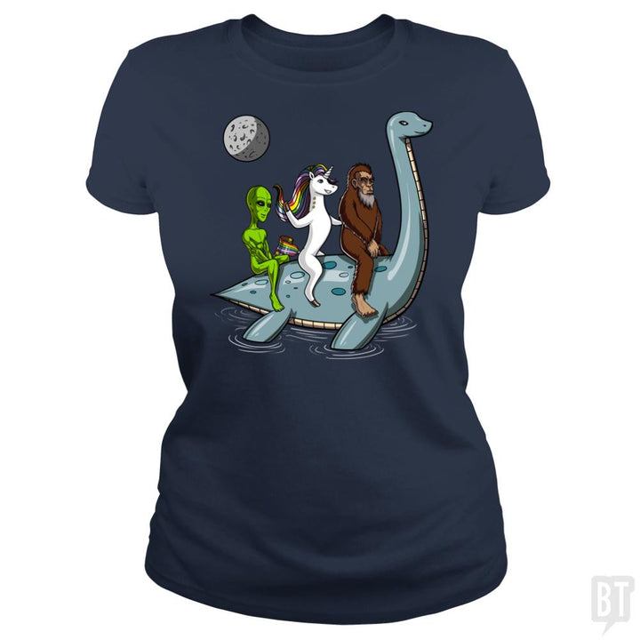 Alien Unicorn Bigfoot Ridding Loch Ness - BustedTees.com