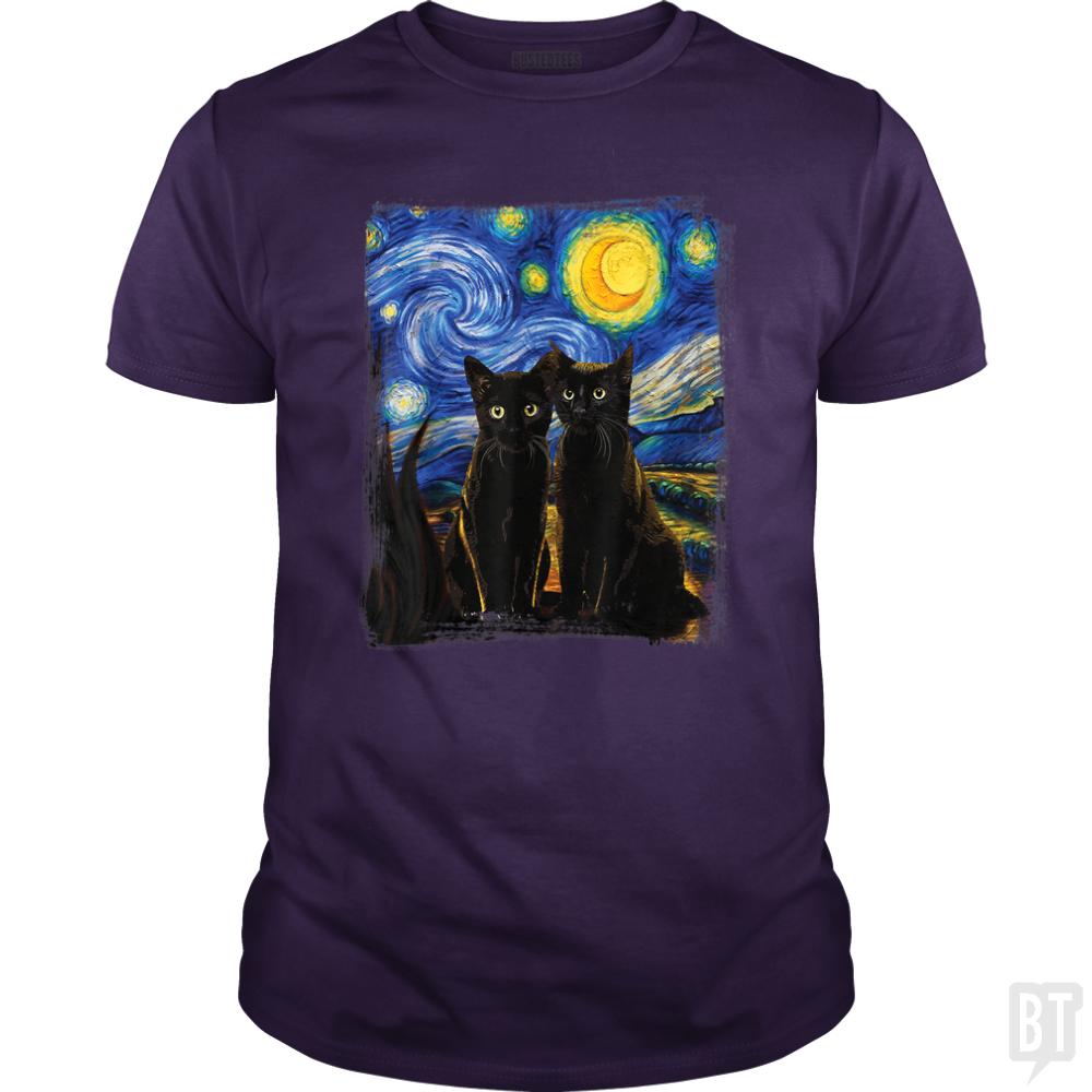 Black Cats Starry Night - BustedTees.com