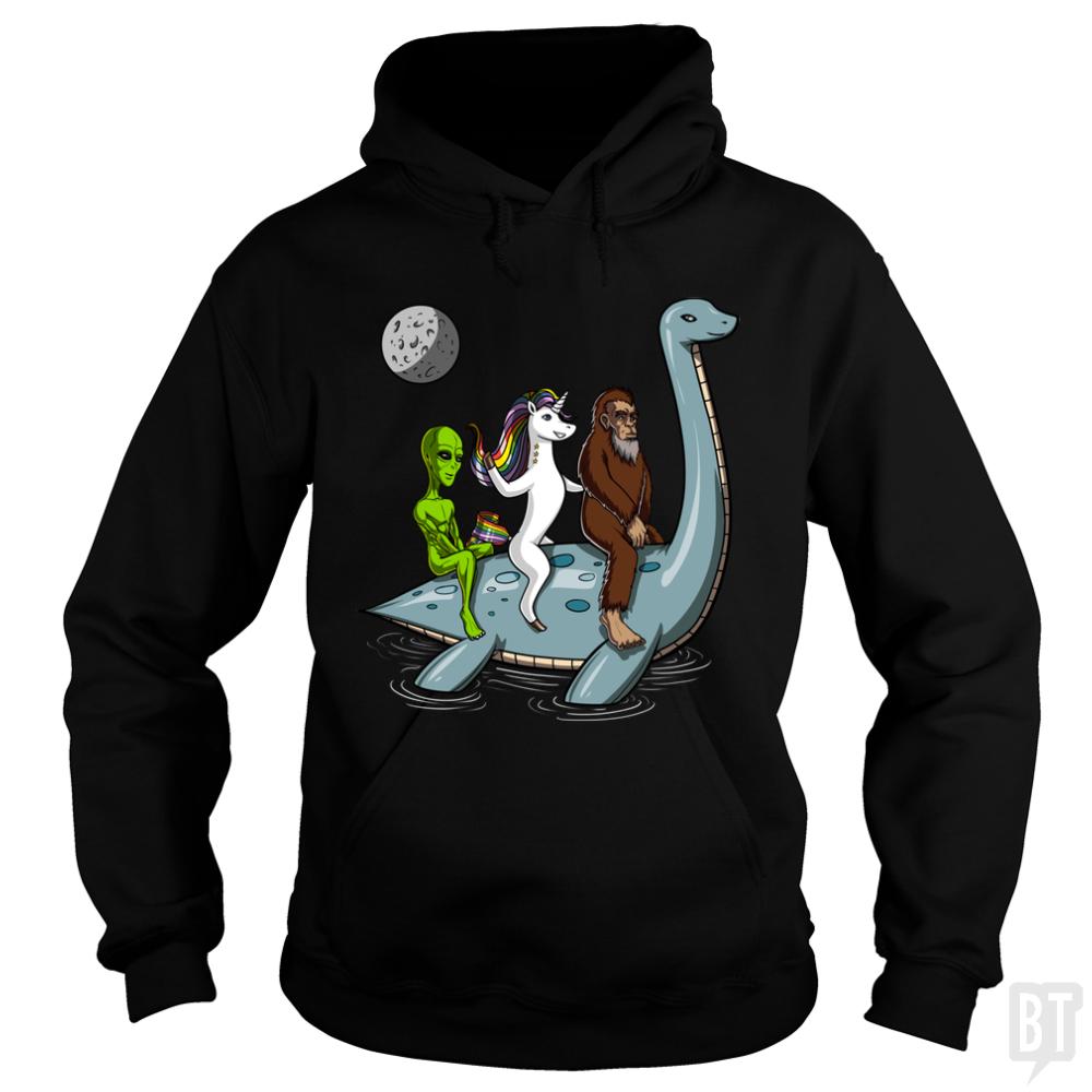 Alien Unicorn Bigfoot Ridding Loch Ness - BustedTees.com