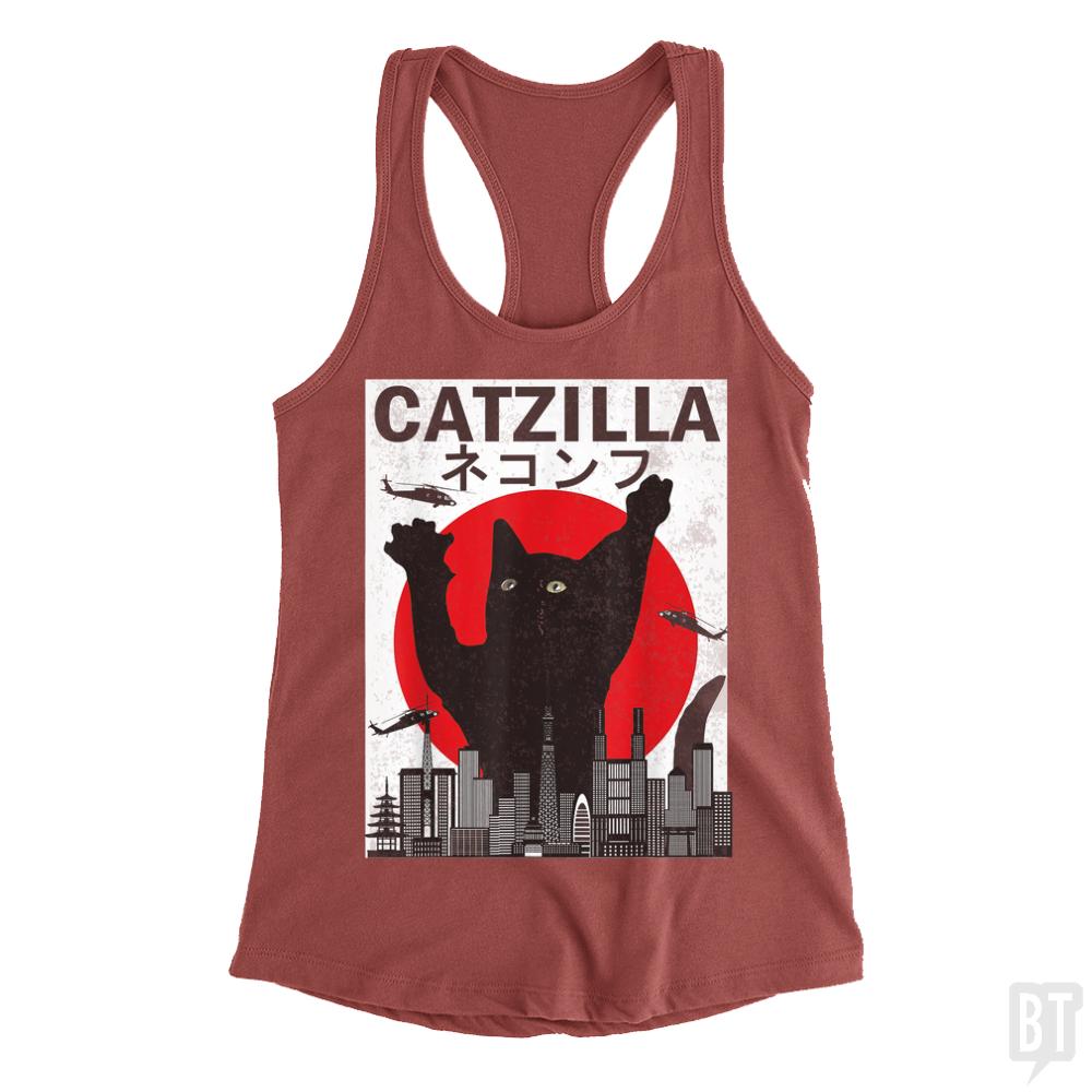 Vintage Catzilla Japanese Sunset Style Tank Tops - BustedTees.com