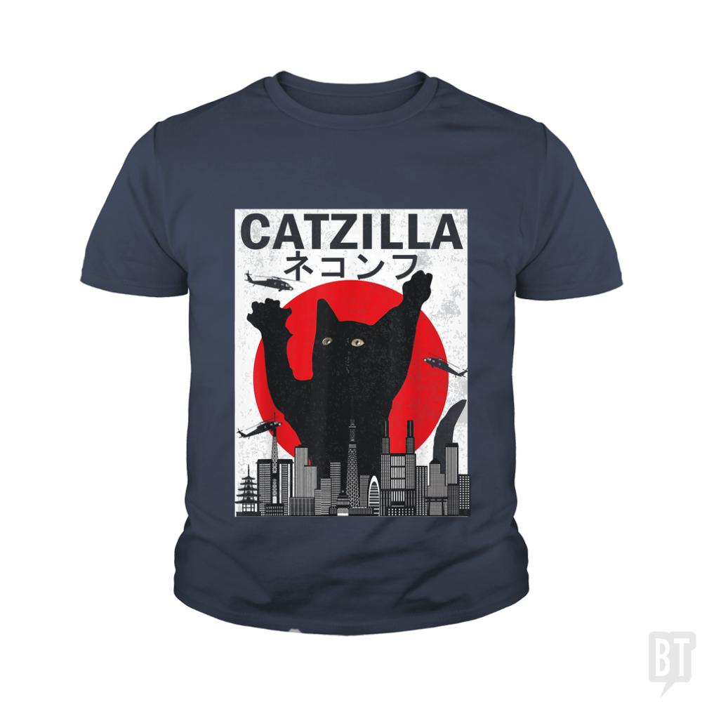 Vintage Catzilla Japanese Sunset Style  Kids Shirt - BustedTees.com