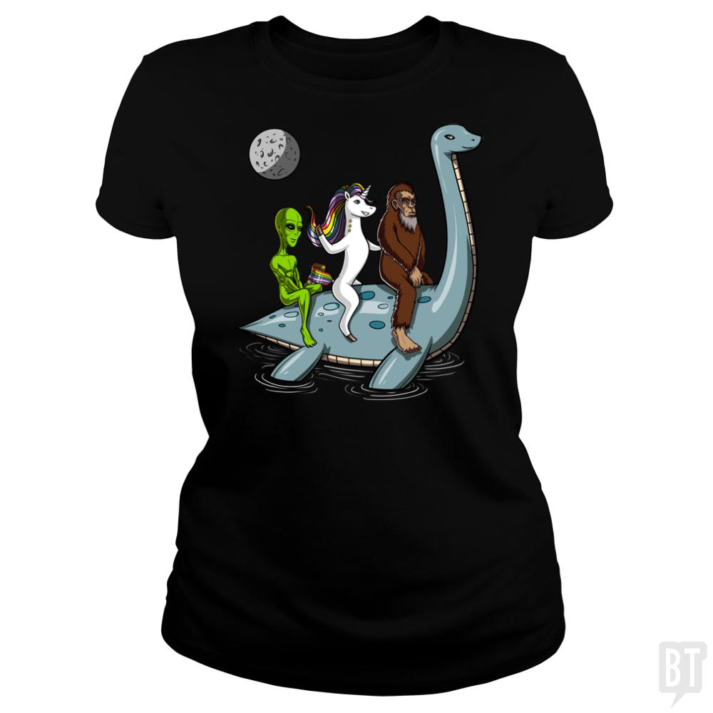 Alien Unicorn Bigfoot Ridding Loch Ness - BustedTees.com